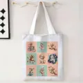 Vista detallada de bolsa de lona blanca con nueve lindas ilustraciones de caniches - Cuadrícula de Caniche (jiayingstd265) / 34x39cm