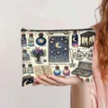 Detailed view of a witchy magic themed makeup bag with moon and potion bottle print. - Fantasy Magic Atlas (jiayingpbb0616)