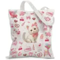 Detalle de bolsa de lona blanca con lindas ilustraciones de gatos y osos de color rosa - 甜美卡通白猫款式(jiayingstd181) / 34*39cm