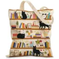 Primer plano de la ilustración de gato y estantería en un bolso de lona beige grande - 黑猫书架款式(jiayingstd182) / 34*39cm
