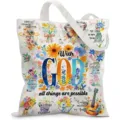 Vista detallada de un bolso tote grande de lona con flores y frases inspiradoras - 励志向日葵蝴蝶款式(jiayingstd187) / 34*39cm