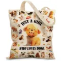 Primer plano de bolsa de lona con adorables ilustraciones de perros y texto impreso - 金毛爱狗文字款式(jiayingstd189) / 34*39cm