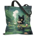 Primer plano de la ilustración de gato negro en una bolsa de lona de gran tamaño - 荷塘黑猫看书咖啡款式(jiayingstd199) / 34*39cm