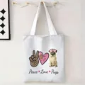 Bolso tote de lona blanca grande con lindo diseño de estampado gráfico Peace Love Pugs - Peace Love Pugs (jiayingstd259) / 34x39cm