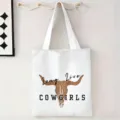 Bolso de compras ecológico de lona blanca con estampado de calavera tipo cowgirl - Vaquero Occidental Cráneo de Toro / 34x39cm