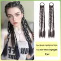 Paar lange viersträhnige Boxzopf-Haarverlängerungen mit weißtee-grauen Highlights - 2er-Pack / Braunschwarz Highlights Weißer Tee Grau