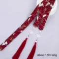 Traditional Chinese red Hanfu hair ribbon with crane pattern and tassels, 1.9m long - Burgundy Crane Pattern (Pendant Style)