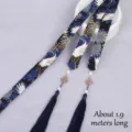 Traditional Chinese style hair ribbon with crane pattern and tassels, approx 1.9m long - Blue Crane Pattern (Tassel Style)