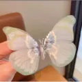 Sweet butterfly hair clip with white pearls and sheer layered fabric wings for girls - Gradient Beige Green