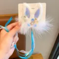 Cute 3D bunny ear hair clip with blue tassel and feathers for girls' Hanfu style - Blue