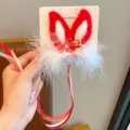 Cute red and white rabbit ear hair clip with feathers and long tassels for Hanfu outfits - Red