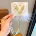 Cute white plush rabbit ear hair clip with feathers and long ribbons for girls Hanfu - Green