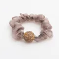 Elegant shimmering champagne mesh scrunchie hair tie with a brown rhinestone ball decor - Pink Purple