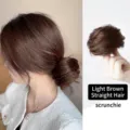 Light brown synthetic straight hair scrunchie for a natural messy bun hair extension - Straight Hair Ring / Tan