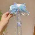 Traditional Chinese blue butterfly hair clip with elegant pearl tassels and ribbon bow - Pearl Bowknot Blue