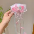 Molletta per capelli Hanfu rosa fatta a mano con fiocco, fiori e lunghe nappe a frangia - Rosa con Fiocco di Perle