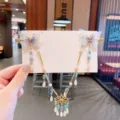 Set di fermagli per capelli a farfalla Hanfu con eleganti perline blu e nappe - Ornamento Frontale Farfalla Blu Vetrificata