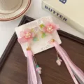 Set di fermagli Hanfu tradizionali con fiori rosa, perle e lunghe nappe di seta - Cerchio Rosa Nappa Lunga