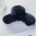 Elegant large black plush rabbit fur hair claw clip for women, fluffy shark clip accessory - Large Hair Claw / Black