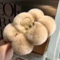 Large plush real rabbit fur hair claw clip in beige for elegant women's hair accessories - Large Hair Claw / Khaki