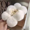 Large white plush rabbit fur flower hair claw clip for women's winter hair styling. - Large Hair Claw / White