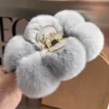 Large grey plush flower-shaped real rex rabbit fur hair claw clip shark hairpin - Large Hair Claw / Gray