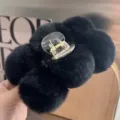 Plush black faux fur claw clip with transparent hair jaw clamp - Large Hair Claw / Black
