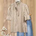 Mujer Blusa Marrón De Cuadros Con Volantes Manga Corta Top Casual Elegante - S / Caqui