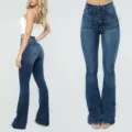 High-waisted button-fly flare jeans detail showing multi-button closure and slim fit design. - Dark Blue