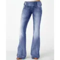 Detailed view of mid-rise blue flare jeans featuring vintage wash and stylish multi-button waist. - XS / Light Blue