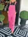 Pink corduroy bib overalls for women featuring distressed knees and front pocket styling. - S / Green