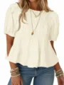 Dames korte mouw pofmouw blouse gelaagd geplooid casual top effen kleur zomer mode - S / Broken Wit