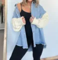 Patchwork denim jacket with cozy knit sleeves, casual button-down outerwear for women. - S / Blue