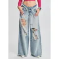 Women's light blue ripped denim jeans featuring trendy irregular folded waist and wide leg style. - S / Medium Blue
