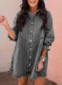 Detailed close-up view of women's dark grey washed denim shirt dress with lantern sleeves. - Washed Gray