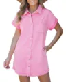 Pink denim shirt dress detail, short sleeves, metal buttons, raw hem, casual fashion apparel. - S / Pink