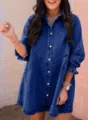Casual blue denim shirt dress for women featuring chic lantern sleeves and comfortable loose fit style. - Dark Blue