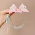 Pink glitter bunny ear hair clip with flowers and long colorful ribbons for girls. - Pink Cat Ear Ribbon