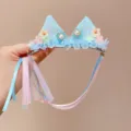Blue glitter rabbit ear hair clip with colorful flowers and pink ribbons for girls - Blue Cat Ear Ribbon