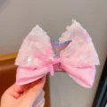 Pink sequined mermaid bow hair clip with starfish and pearl accents for girls hair - Pink Bow Tie Hair Clip