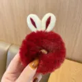 Cute red plush hair scrunchie featuring soft white bunny ears for little girls - Burgundy