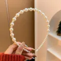 Elegant white pearl headband with graduated beads on a thin gold-tone wire base variant - Pearl Type E
