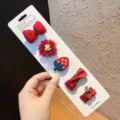 Adorable red baby hair clips 5-piece set featuring fabric bows and strawberry designs - Red Bar Strawberry (BD3975)