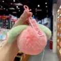 Cute pink plush peach keychain accessory made of soft real rex rabbit fur for bags - Pink Peach (Real Rex Rabbit Fur)