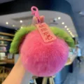 Cute pink plush peach keychain with soft faux rabbit fur and green leaves - Pink Peach (Faux Fur)
