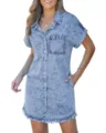 Detailed view of the short sleeve denim shirt dress with button-down and frayed hem. - S / Light Blue