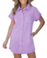 Women's short sleeve purple denim shirt dress casual button down summer dress with pockets. - Light Purple