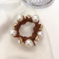 Elegant brown braided elastic hair tie adorned with glossy white pearls and gold rhinestones - Braided Buckle Rhinestone Coffee