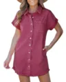 Women short sleeve denim shirt dress casual button down denim dress casual wear summer apparel - S / Burgundy