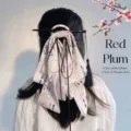 Elegant Hanfu hair accessory with calligraphy ribbon bow and black wooden hairpin - Red Plum